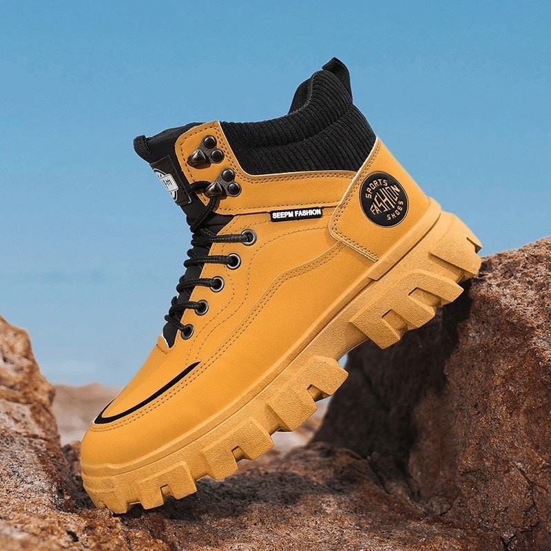 T-T NEW รองเท้าบูทหุ้มข้อ หนัง PU รองเท้าแบบผูกเชือก พื้นหนา ใส่ขึ้นเขา Size40-44MVS080-238