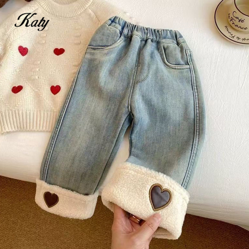 กางเกงยีนส์หนาพิเศษกำมะหยี่สำหรับเด็กผู้หญิงรุ่นใหม่กางเกงขากว้างบุขนกำมะหยี่สำหรับฤดูหนาวสำหรับเด็ก