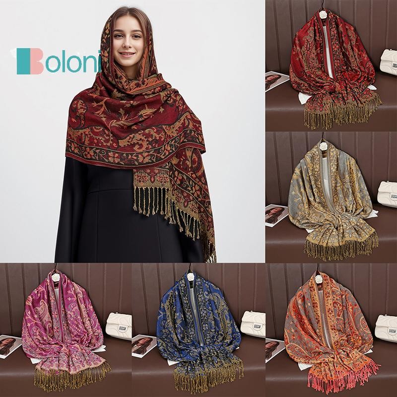 [Boloni] หรูหราฤดูหนาวแคชเมียร์ Pashmina ผ้าคลุมไหล่ Lady Wrap ผ้าพันคอฤดูใบไม้ร่วงที่อบอุ่นออกแบบพิมพ์หญิง Foulard ผ้าฝ้าย Stoles ผ้าพันคอใหม่