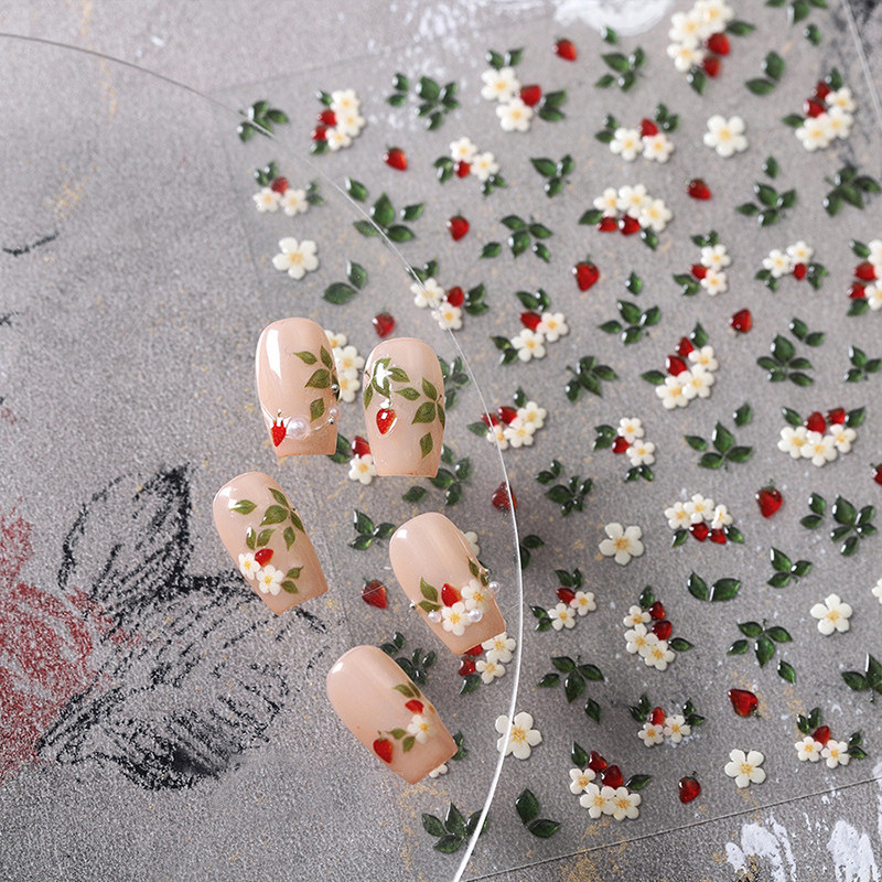 Delicate Chic ดอกไม้สีขาว Jelly ใบสีเขียวผลไม้สีแดง Lily Gardenia Self กาวเล็บสติกเกอร์ Rhinestone เล็บ Decal