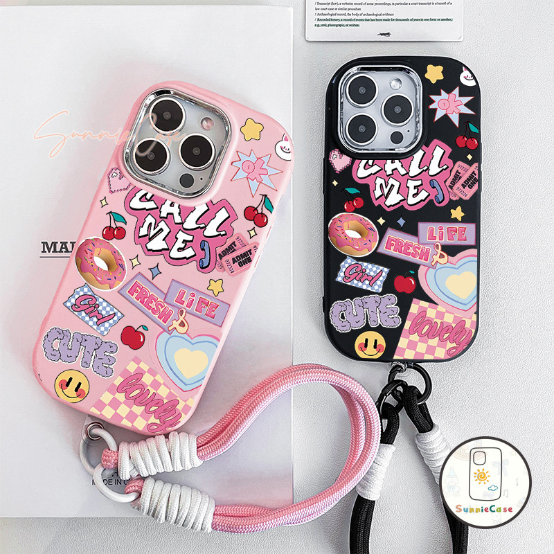 เคสไอโฟน16 สติ๊กเกอร์สีชมพู สำหรับ IPhone 13 11 16 15 14 12 Pro Max 8Plus XS XR X 7Plus Max 7 8 16 Plus SE ซิลิโคนนิ่ม