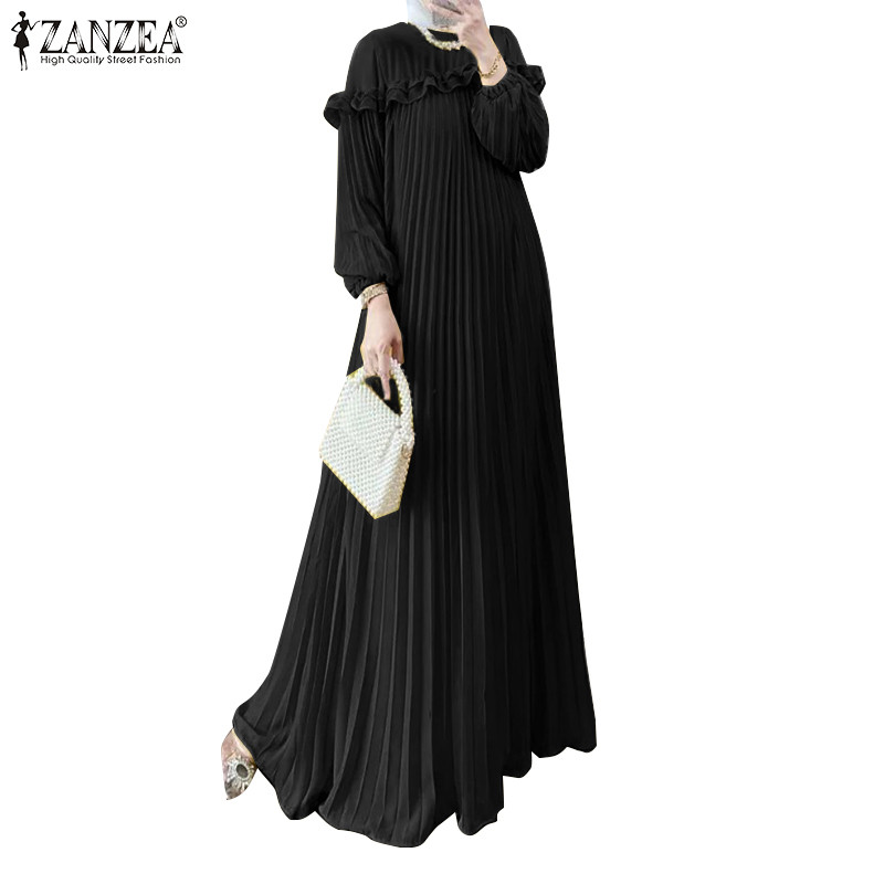 ZANZEA ใส่ ซานเซีย ผู้หญิงมุสลิมรอบคอจีบแขนโคมไฟยืดหยุ่นข้อมือหลวมชุดชิ้นเดียว