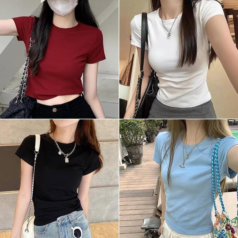 จัดส่งจากกรุงเทพ เสื้อยืดแขนสั้น เสื้อยืดสีขาวผู้หญิง แขนสั้นรอบคอ สีพื้น ดูผอมลงเสื้อยืดฝ้ายขาว นุ่ม