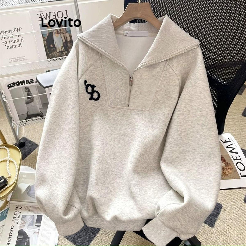 Lovito เสื้อกันหนาวผู้หญิง มีซิป สีพื้น สไตล์ลำลอง LNL61275
