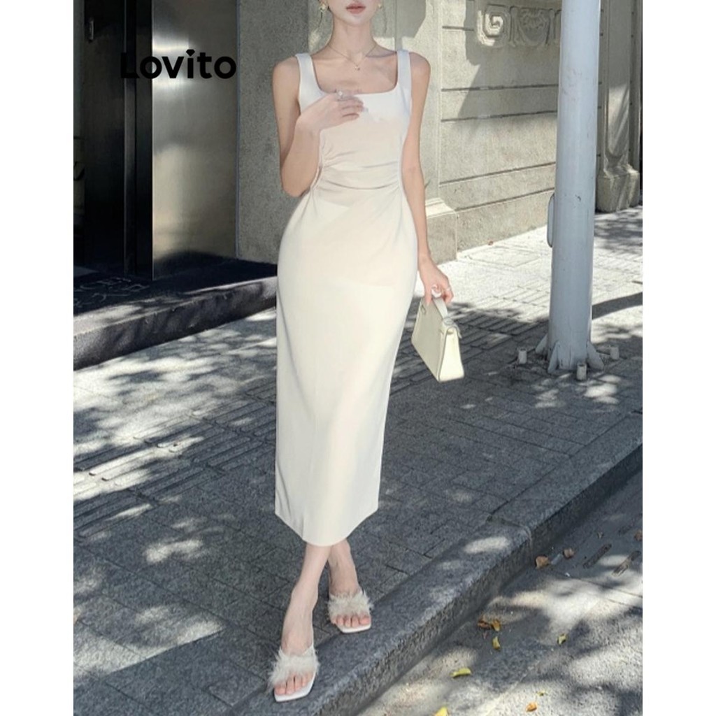Lovito เดรสผู้หญิง จับจีบ สีพื้น สไตล์หรูหรา LNE67080