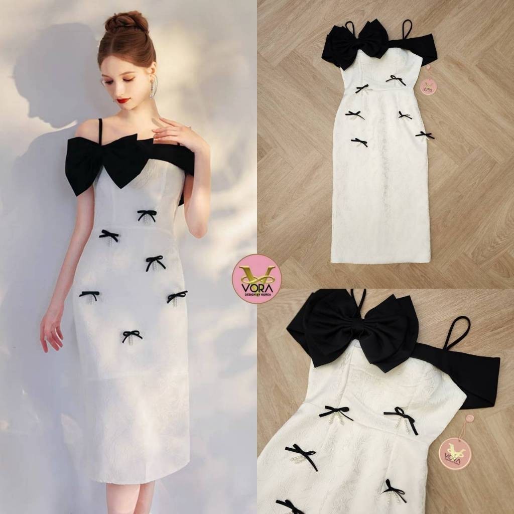 PD (พร้อมส่ง)vora68 Dress ยาว สายเดี่ยว ปาดไหล่ แต่งโบว์ใหญ่ช่วงอก อกมีฟองน้ำจัดทรงให้ค่ะ ช่วงเอวเข้