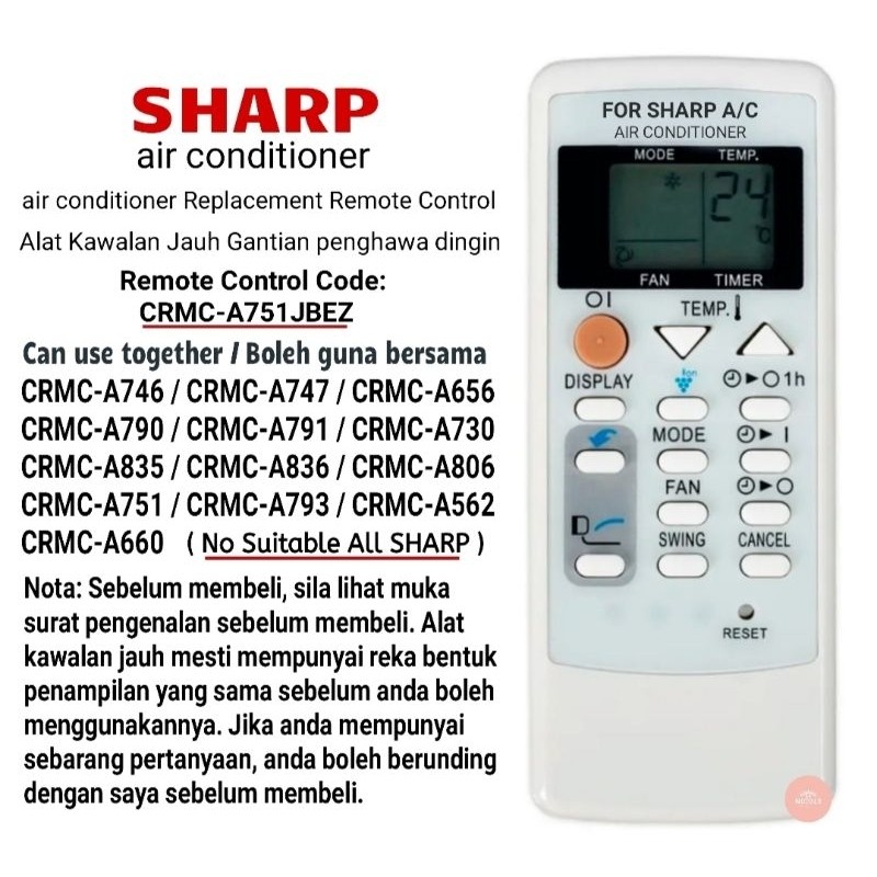 SHARP crmc-A751 Air cond รีโมทคอนโทรลทดแทนเครื่องปรับอากาศ