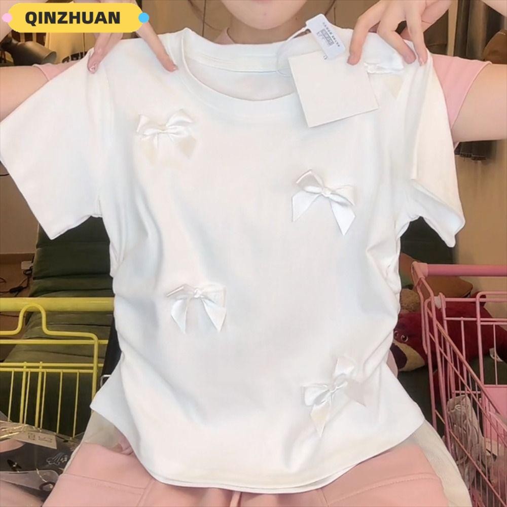 Qinzhuan ผู้หญิง,รอบคอแขนสั้น กุทัณฑ์ ที เสื้อ,แฟชั่นบัลเล่ต์สไตล์ญี่ปุ่นสีทึบริบบิ้น เสื้อกล้ามครอบตัด ผู้หญิงสาว