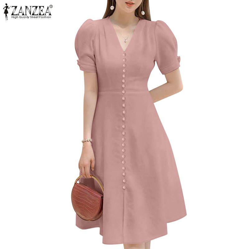 Zanzea ชุดเดรสคอวีแขนสั้นพัฟแฟชั่นสตรีเกาหลี