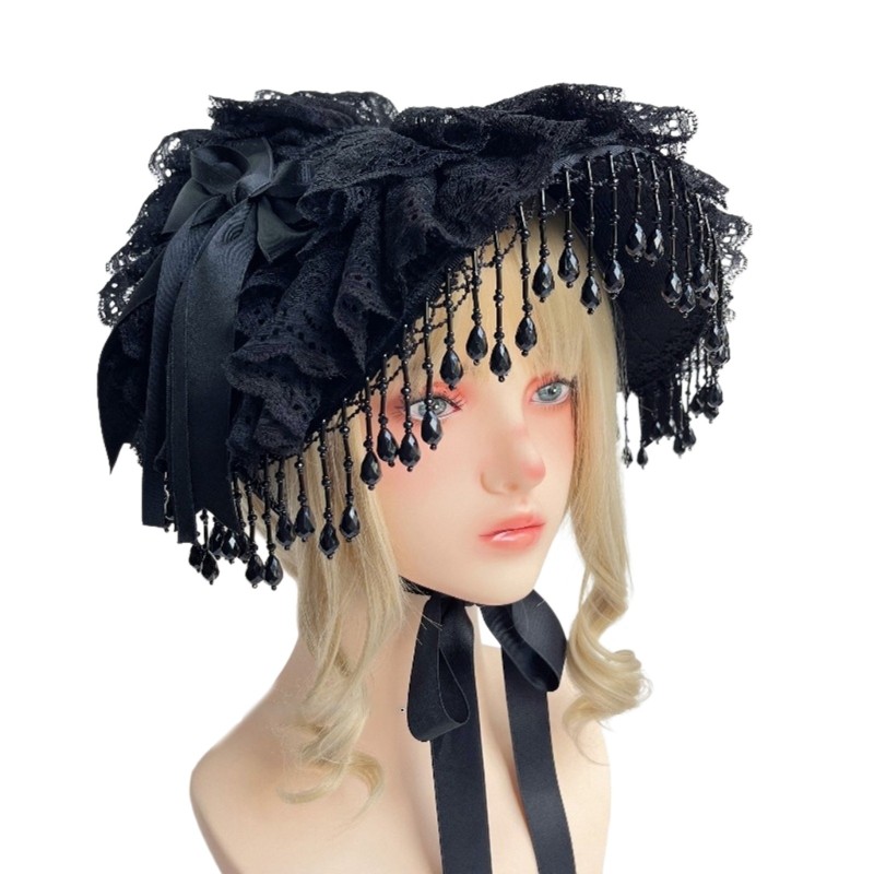 Broa สีดําพู่ลูกไม้ Bonnet หมวก Dark Series Headwear สําหรับธีมเหตุการณ์ Gathering