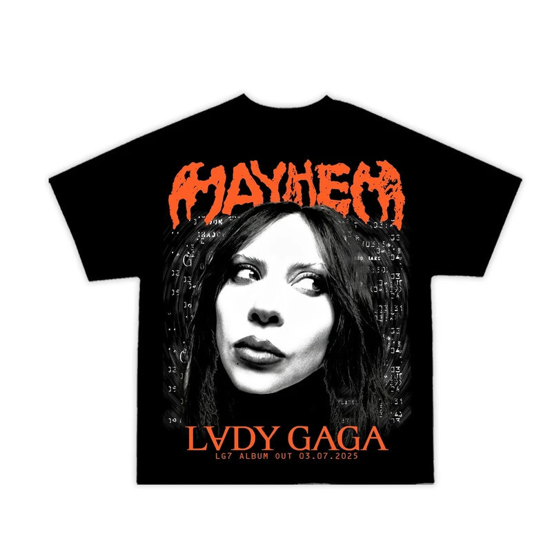Lady Gaga x Mayhem "LG7 Album" Edgy Music Collaboration Cotton Crew Neck T-shirt, Trendy Casual Appa