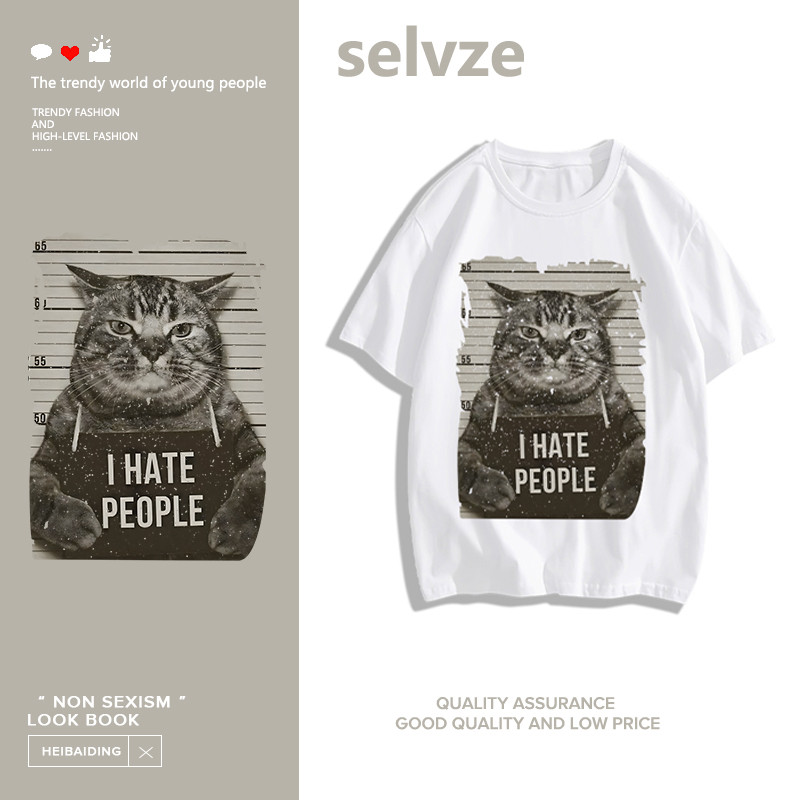 SELVZE Printed T-shirt，เสื้อยืด Oversize ซัมเมอร์ ลายแมววินเทจ  แนวสตรีท I002373