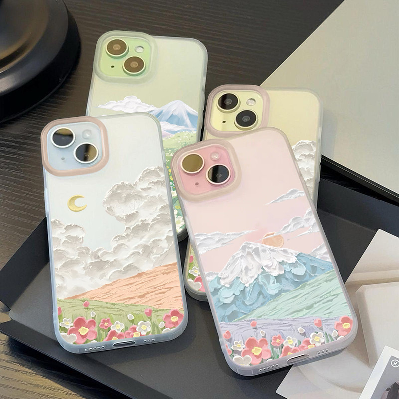 🔥SUN🔥เคส เข้ากันได้สำหรับ IPhone 11 PRO MAX 15 16 13 12 14 Pro Max 16 14 15 Plus เคสใส ภาพวาดสีน้ำมันทุ่งหญ้าภูเขาหิมะ