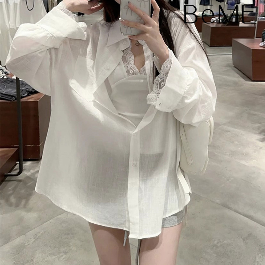 เสื้อคลุมเชิ้ตสีขาว กันแดด หลวม ดีไซน์เกาหลี