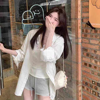 เสื้อคลุมเชิ้ตสีขาว กันแดด หลวม ดีไซน์เกาหลี
