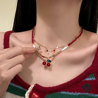 CODส่งเร็ว⚡สร้อยคอเชอร์รี่สองชั้น Y2kสไตล์เกาหลีหวานแฟชั่นสํ…