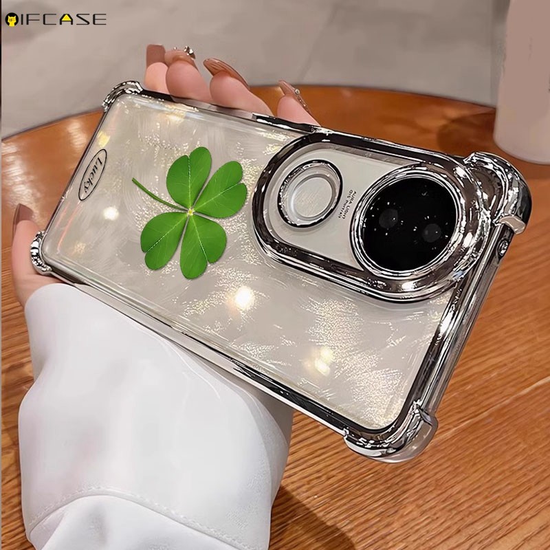 สําหรับ Vivo V50 V40 Lite V30 V29 V27 Pro Lite V29e V27e 5G เคสโทรศัพท์ Simple Lucky Clover โชคดีมีนาคมหญ้า Four Leaf Clover Smile โปร่งใสนุ่มกรณีปกหลัง
