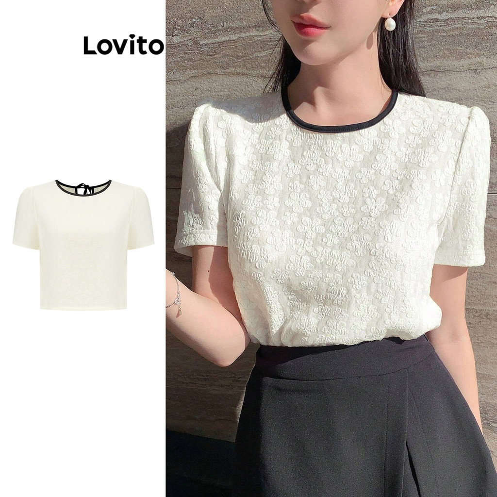 Lovito เสื้อแจ็คการ์ดลูกไม้ลายดอกไม้หรูหราสำหรับผู้หญิง L99ED971
