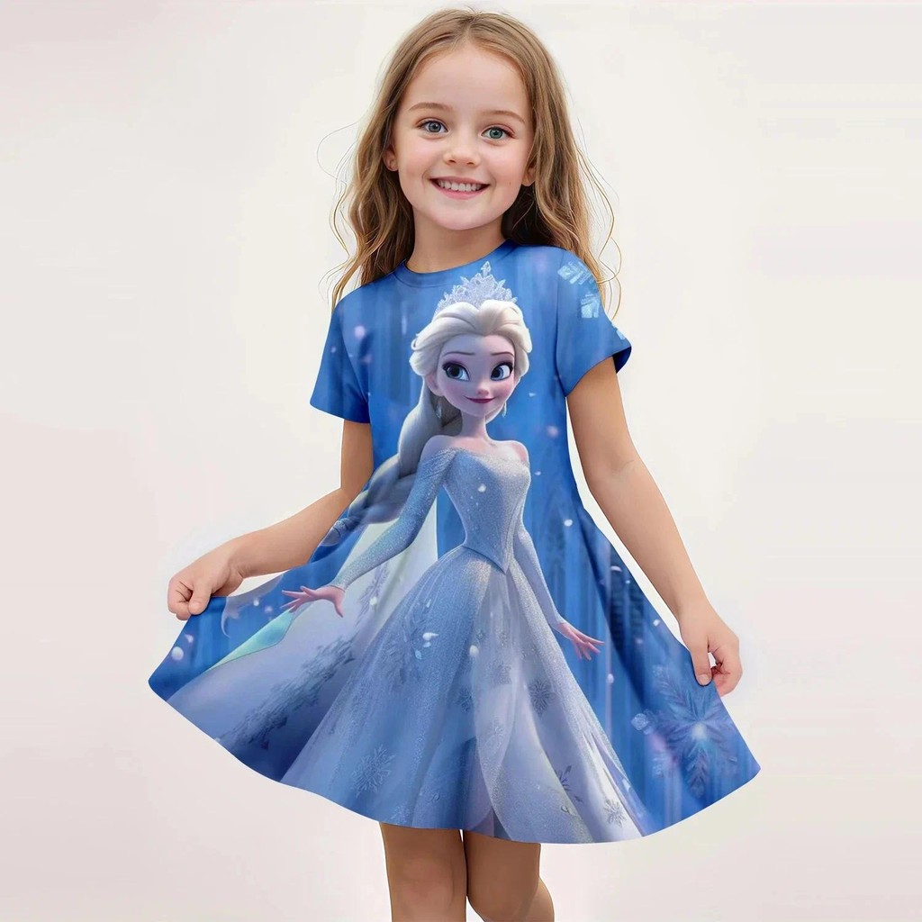 Miniso Frozen Elsa Princess Girl ชุดเดรสแขนสั้นเด็กชุดลําลองเด็กอินเทรนด์เจ้าหญิง 3D พิมพ์ชุดประสิทธิภาพ