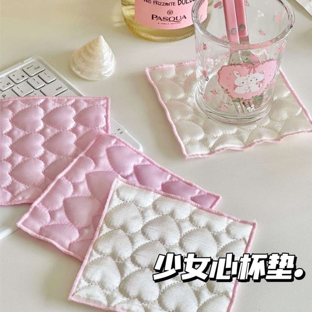 Love Quilted Satin Quilted Cotton Absorbent Coaster Dopamine Color Square Insulation Pad Desktop Decoration