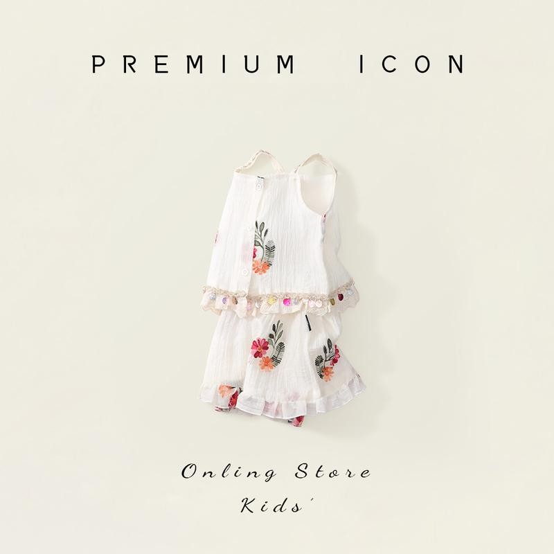 Hania kids ชุดเซ็ทเสื้อกางเกงปักลายดอกไม้แขนกุด สำหรับเด็กผู้หญิง – K4125232