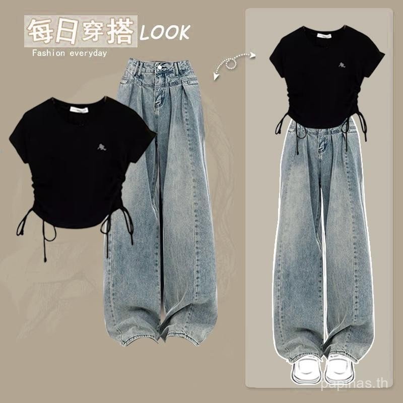 Papinas-ไซส์ใหญ่สำหรับสาวอวบใส่แล้วดูผอมเพรียวเสื้อแขนสั้นเชือกรูดกางเกงยีนส์เอวสูงสองชิ้น