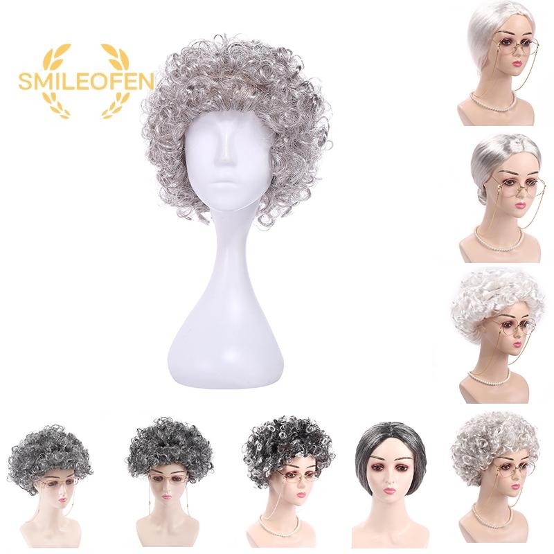 [Smileofen] ผู้สูงอายุวัยกลางคนยาย Hairpiece สั้นเงินสีเทาวิกผมสังเคราะห์ปุยหยิกน้อยหยักสีเทาเครื่องแต่งกายวิกผมสําหรับการแสดงบนเวทีวัยกลางคนและผู้สูงอายุสีขาว Ha