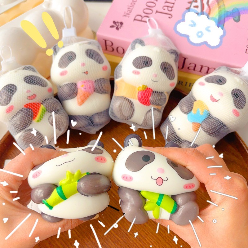บีบของเล่นคลายเครียด-ทําด้วยมือ ปู่ ช้า สะท้อนกลับ ของเล่น-ความวิตกกังวลบรรเทาของเล่น- น่ารัก มินิแพนด้า สีดํา -หยิกครอบครัวสกุชชี่ของเล่น-นุ่มล้างทําควา