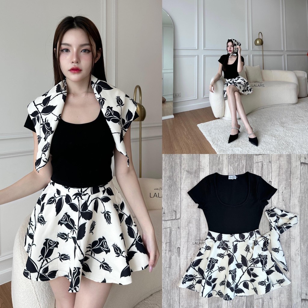 PD (พร้อมส่ง) Lalapis22 เซ็ตเสื้อยืดผ้าหนายืดหยุ่นดีมาก มาพร้อมกระโปรงพิมพ์ลาย และเรายังแถมผ้าพันคอ 