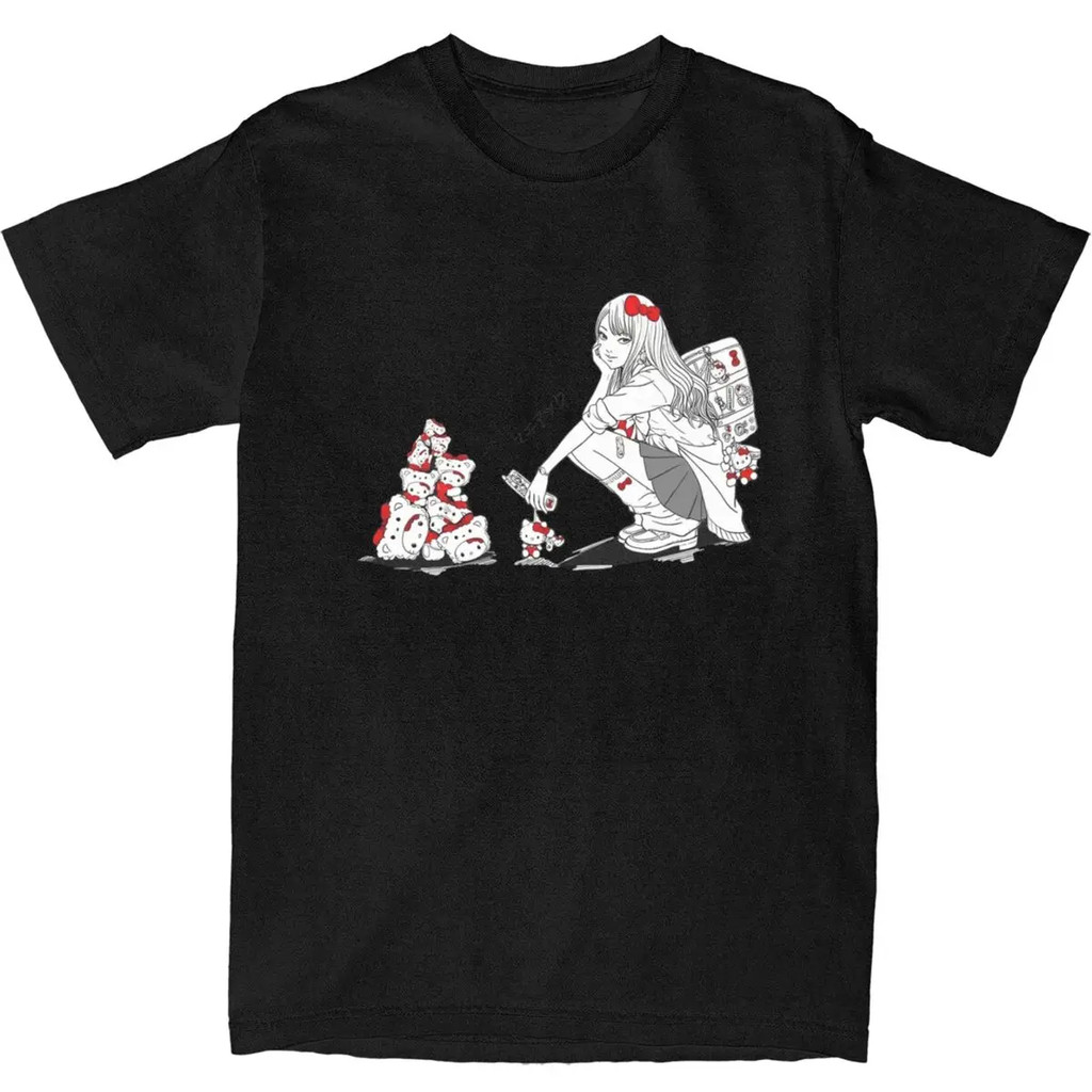 Junji Ito X Hello Kitty เสื้อยืดชายหาดเสื้อ T Vintage Cotton Hippie Tee เสื้อแขนสั้นผู้ชาย แบบ Unise