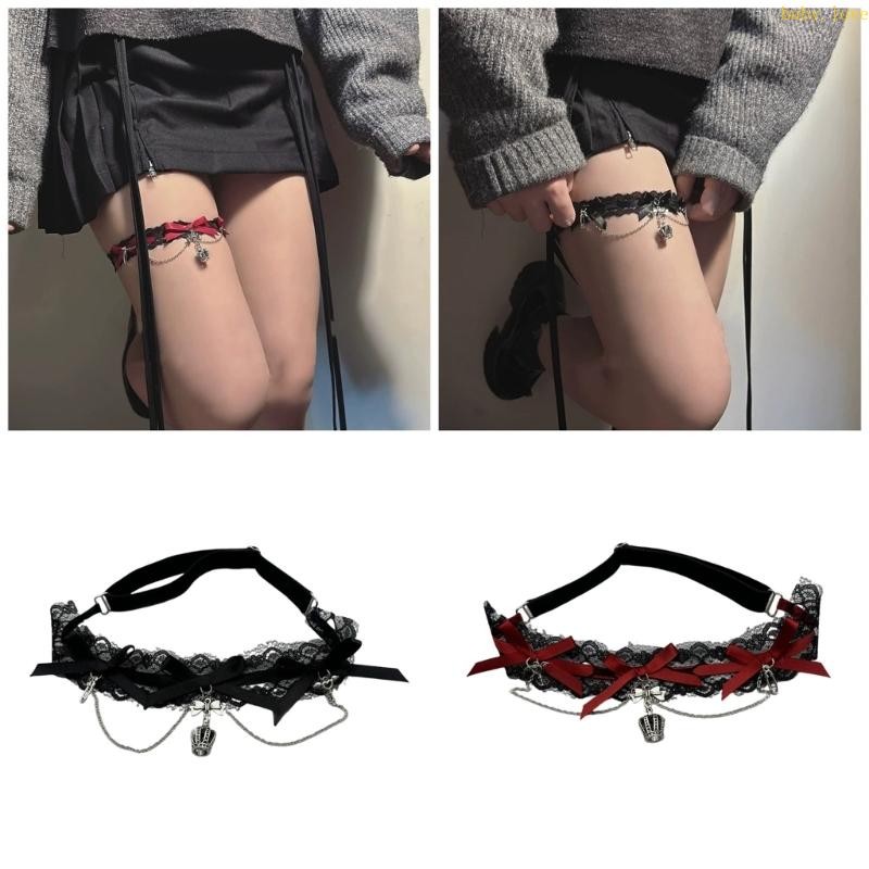 BLove * Elegant Gothic ลูกไม้ต้นขา Garter พร้อมเข็มขัดยืดหยุ่น Bowknot โซ่ขาสำหรับผู้หญิง Party Outf