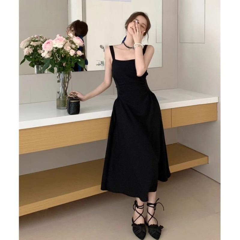 summer sexy beach dress ออกงาน ดํา เดรสไปทะเล แขนกุด สาวอวบ กระโปรงยาว เดรสน่ารัก เกาะอก ชุดราตรี