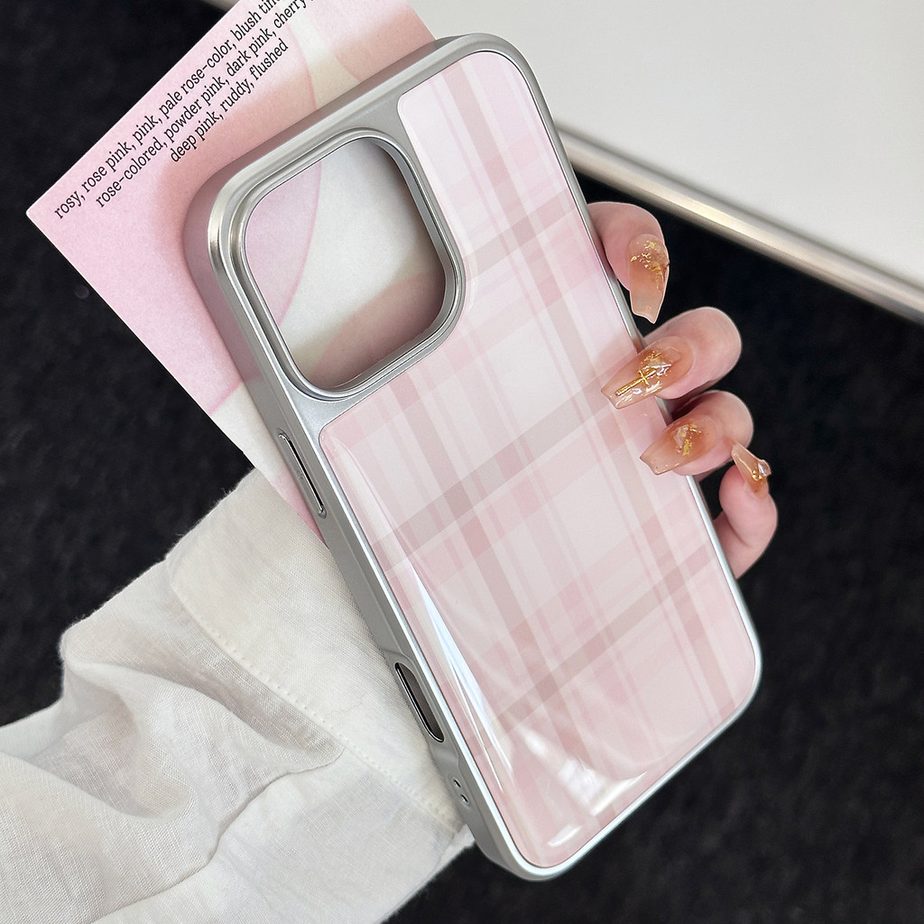 Electroplated อีพ็อกซี่เรซิ่น girlish ลายสก๊อตสีชมพู TPU สําหรับ apple iphone11 12 13 14 15 16pro max plus