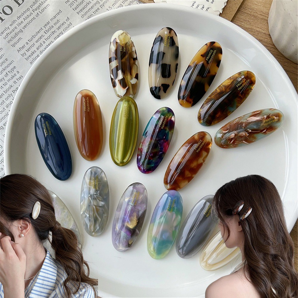 Retro Oval Acetate กิ๊บติดผมด้านข้าง Bangs ผมหัก Duckbill คลิปตกแต่งผม Texture สไตล์ใหม่