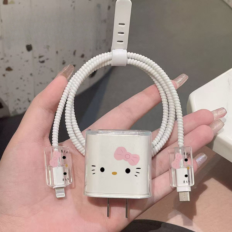 ฝาครอบป้องกันสายเคเบิลข้อมูลเครื่องชาร์จ Hello Kitty สีชมพู 20W เหมาะสําหรับ iPhone 14/15/16 Anti Break