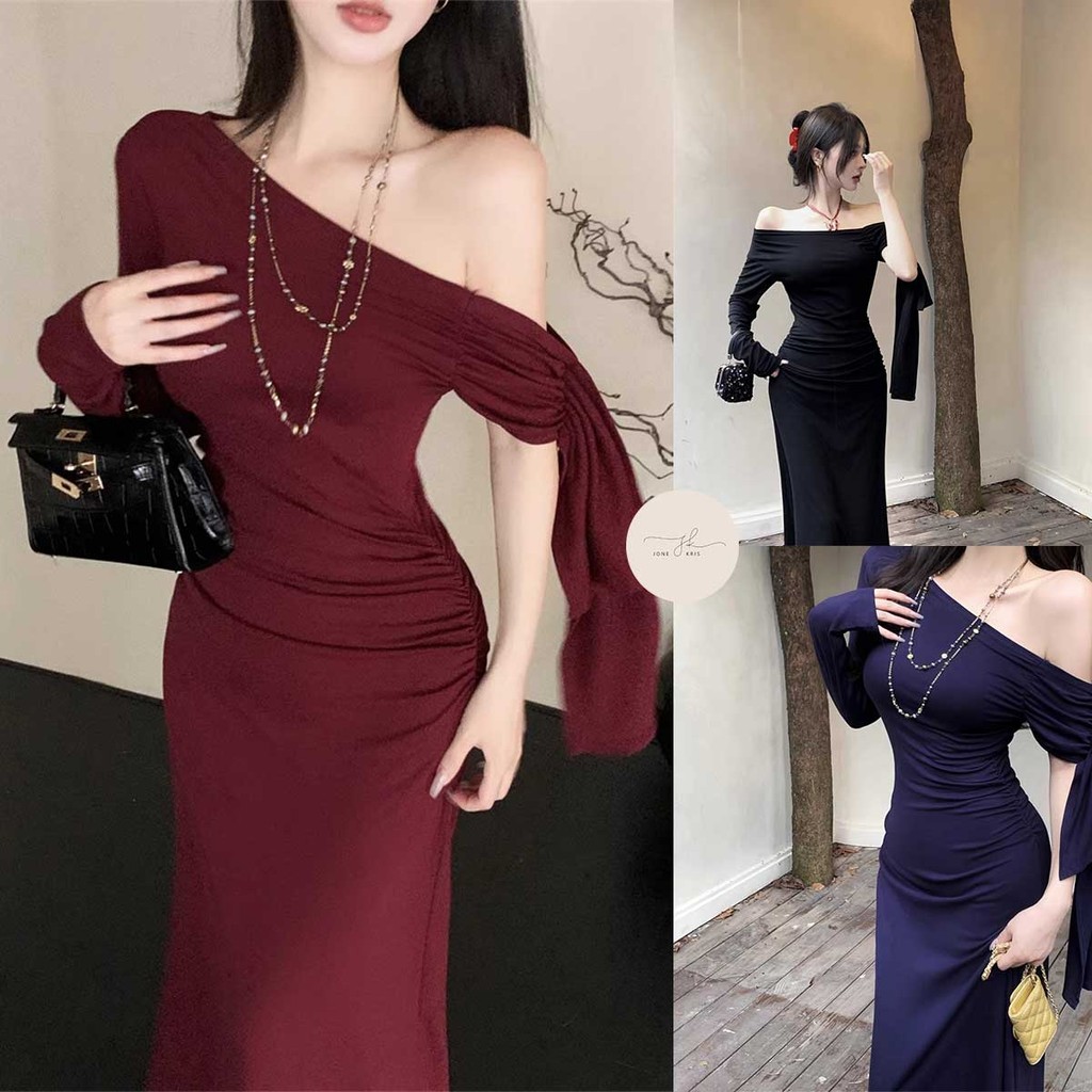 เดรสรัดรูป ผูกริบบิ้น สีไวน์แดง สวมใส่สบาย
