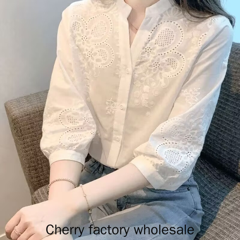 เสื้อผ้าแฟชั่นสำหรับผู้หญิง สีทึบ แขนยาว คอวี ทำจากผ้าฝ้าย พร้อมโปรโมชันพิเศษและฟรี SHIPPING