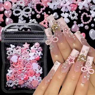 Mixed Sized Hollow Out Pink White Pearl Star Heart Shaped Charms 3D Nail Art Decorative