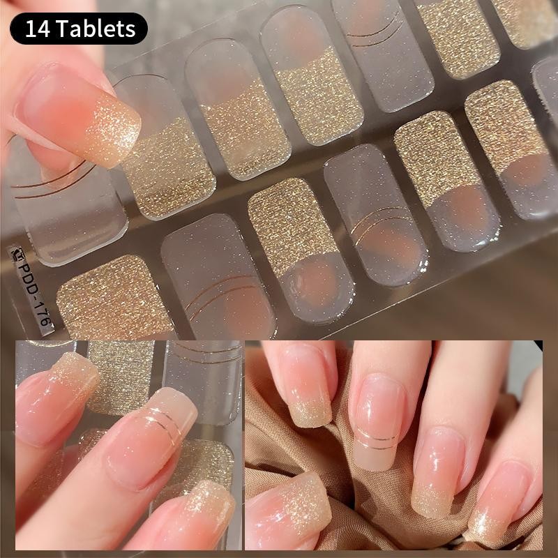 Ur SUGAR 14Tips สติ๊กเกอร์ติดเล็บ Gold GLitter กาวคลุมทั้งหมดห่อเล็บ DIY สติ๊กเกอร์ติดเล็บ