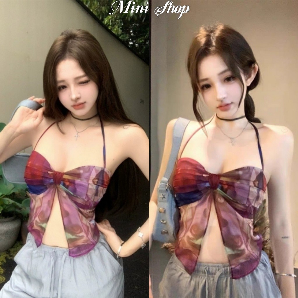 Mini shop🌸พร้อมส่ง🌸(FY2646) เสื้อคล้องคอผ้าชีฟองยืดกำลังดีลายสีม่วงแดงมัดย้อม เซ็กสวยเก๋ เสื้อแฟชั่น
