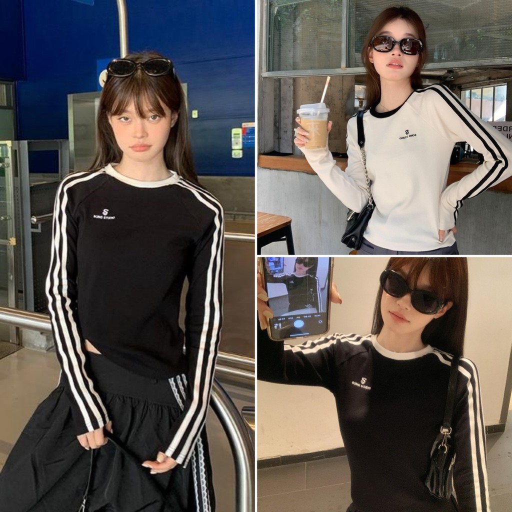 Hotgirl พร้อมส่ง✨เสื้อยืดแขนยาวผู้หญิง เสื้อยืดเข้ารูป แถบสามแถบย้อนยุค งานปักตัวอักษร สไตล์แฟชั่นเกาหลี