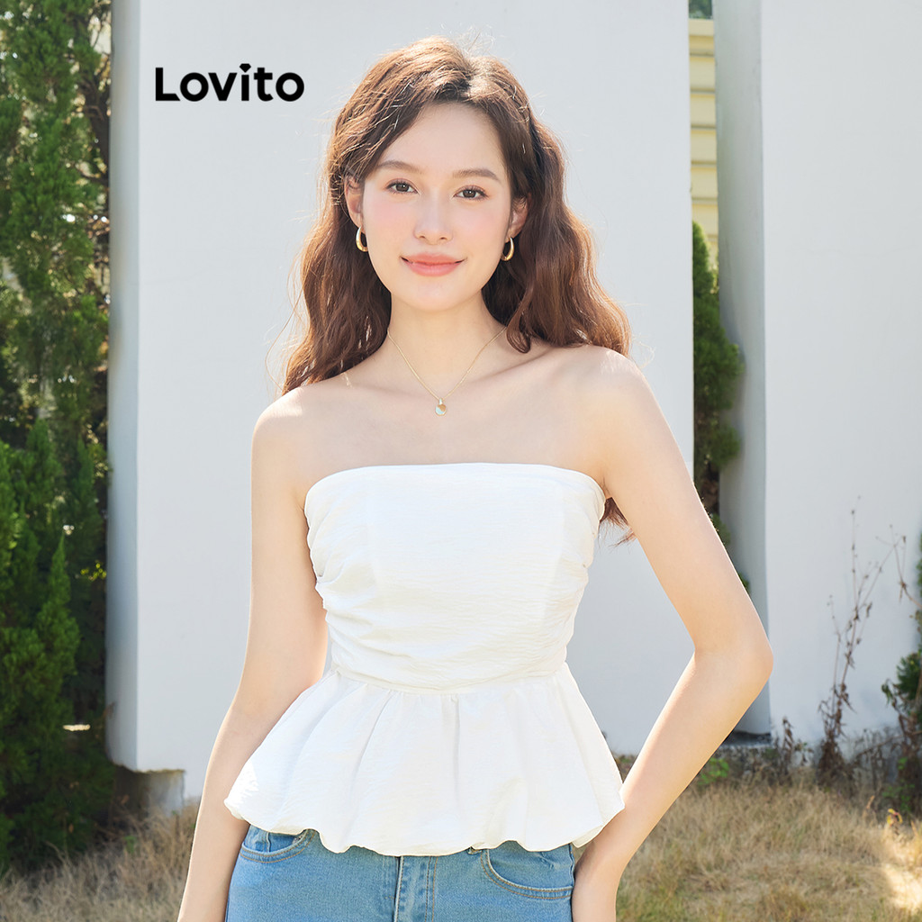 Lovito เสื้อเกาะอกผู้หญิง ชายระบาย สีพื้น สไตล์ลำลอง LNE62288