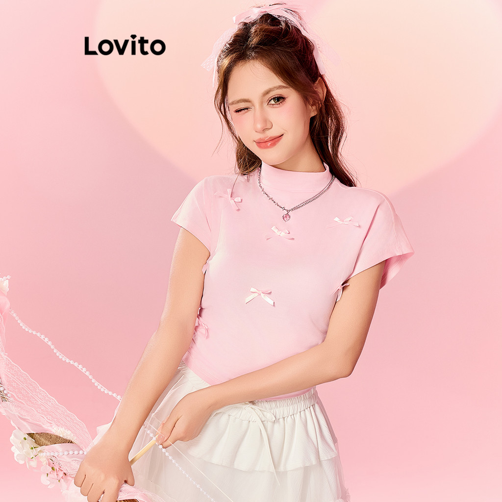 Lovito เสื้อยืดผูกโบว์สีพื้นลำลองสำหรับผู้หญิง L117AD529