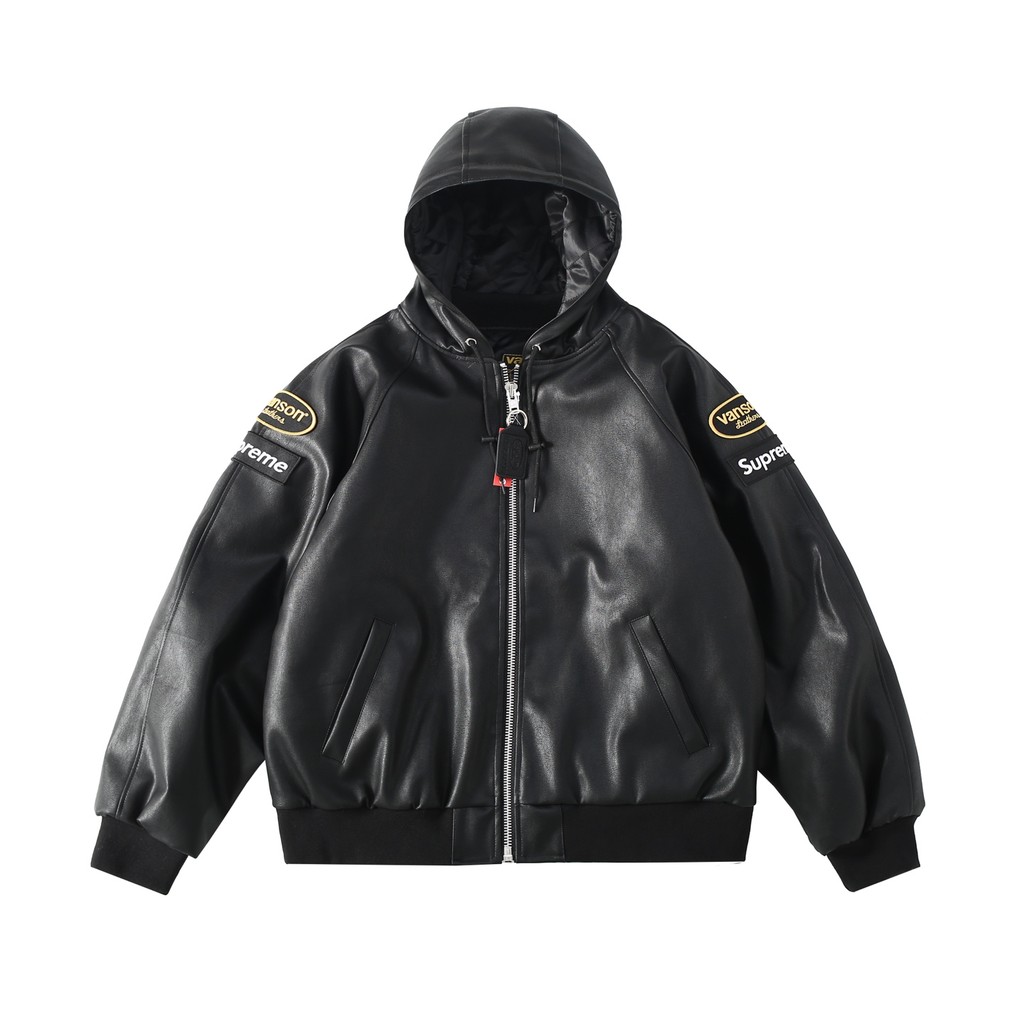 Supreme X Vanson Leathers FW24 เสื้อแจ็คเก็ตหนังมีฮู้ดมีซิปสําหรับผู้ชายปักโลโก้