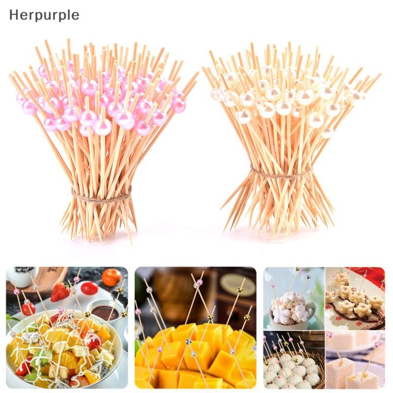 Herpurple 100 ชิ้น Pearl Cocktail Picks ไม้จิ้มฟันไม้ Skewer ส้อมขนมขบเคี้ยวผลไม้ TH