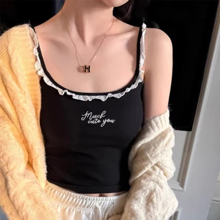 🎀Miss Kitty❤️เสื้อสายเดี่ยว เสื้อสายเดี่ยว มีฟองน้ำ แต่งลูกไม้ สีพาสเทล ดีเทลปักลายตัวอักษรน่ารัก "FY1072"