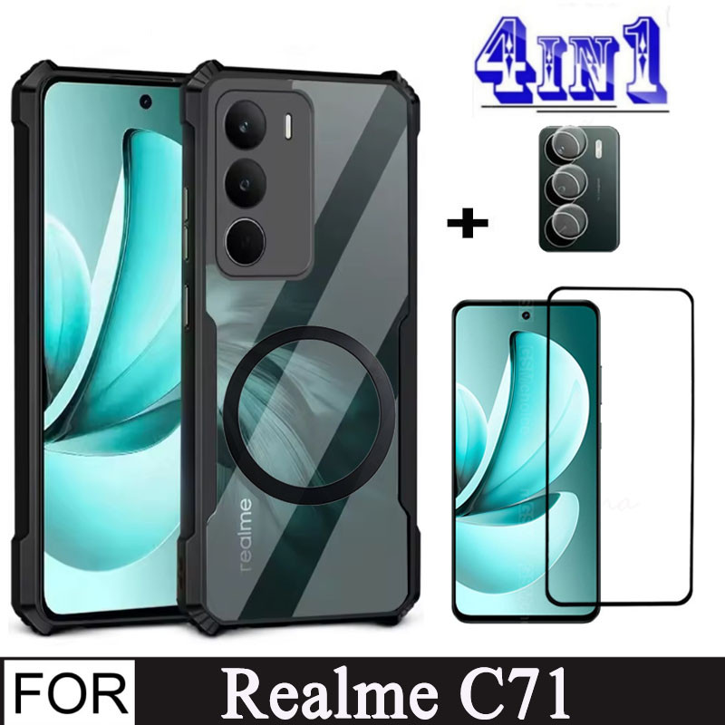 Realme C71 เคสโทรศัพท์กันกระแทกสําหรับRealme C73 C75 C75X 4G 5G 2025 4in1 กระจกนิรภัยป้องกันหน้าจอ + พร้อมแม่เหล็กสติกเกอร์ชาร์จไร้สาย