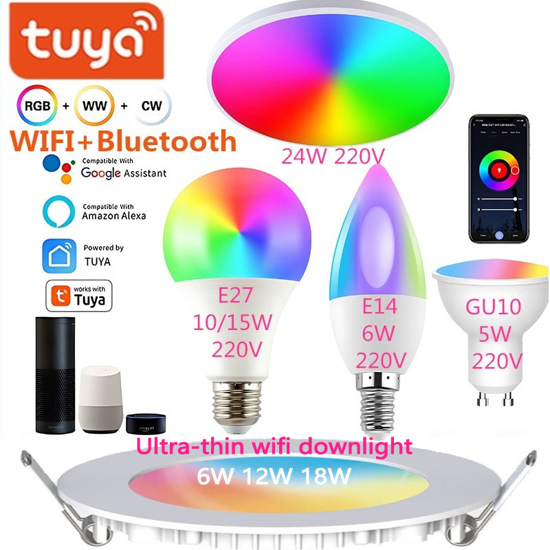 Tuya WiFi สมาร์ทโคมไฟเพดาน LED E14 เทียน E27 หลอดไฟ GU10 Spotlight RGBIC การควบคุมด้วยเสียง Alexa Go