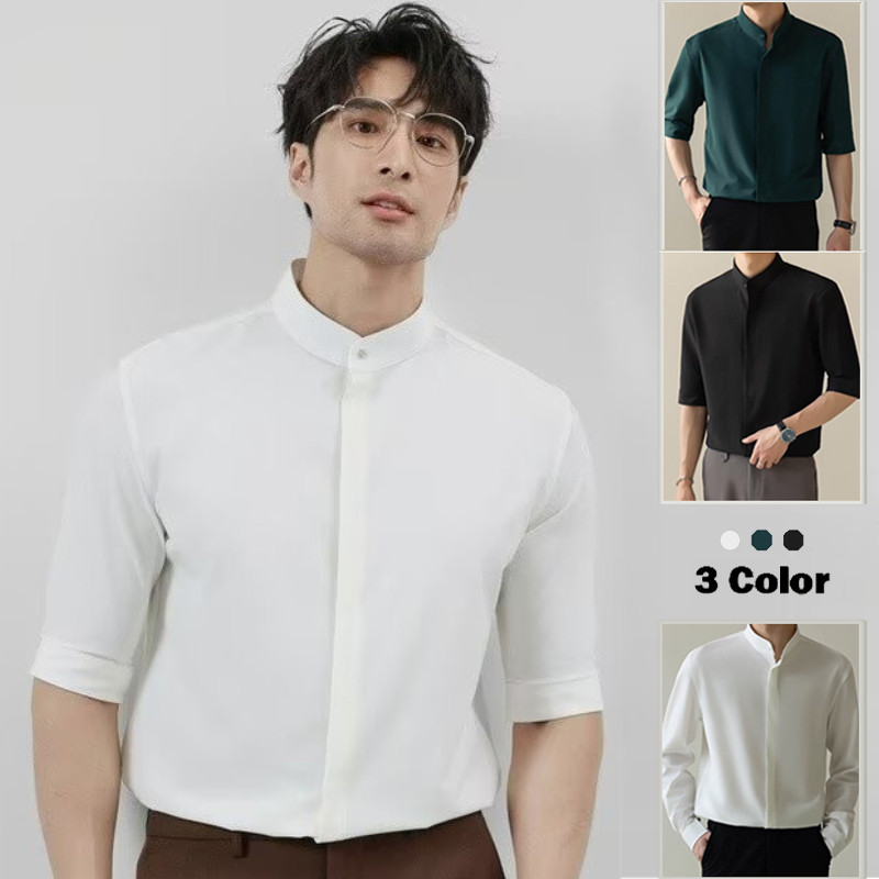 เสื้อครึ่งแขนผู้ชาย สไตล์เกาหลี สลิมฟิต ผ้าไหมน้ำแข็ง สำหรับทำงานและวันหยุดฤดูร้อน ระบายอากาศได้ดี มีหลายสีให้เลือก เช่น สีดำ สีเขียว และสีทึบ