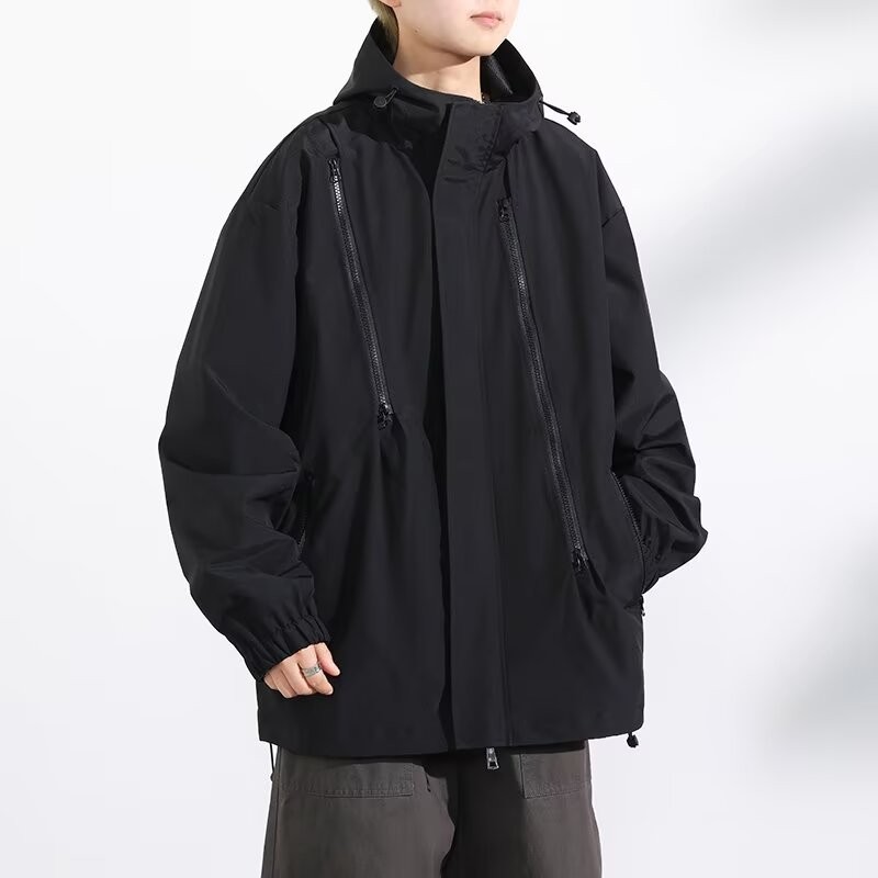 2025ฤดูใบไม้ผลิใหม่ผู้ชาย Retro Cardigan ซิปขาวดำแฟชั่น Breathable กลางแจ้งหลวม hooded Charge JACKET